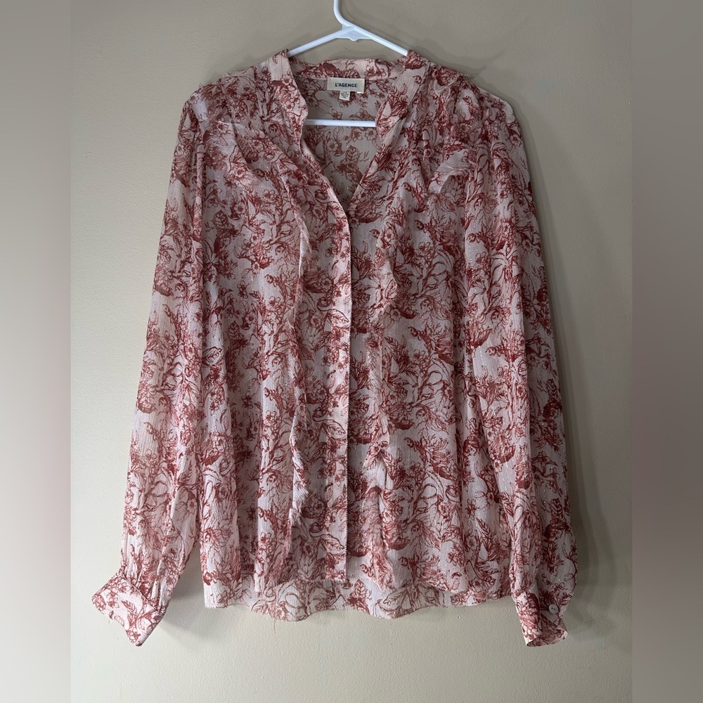 L’AGENCE Nadine Silk Metallic Floral Blouse Red White Size L Luxury - Picture 3 of 9